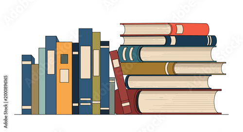 Large collection of colorful books stacked on shelf