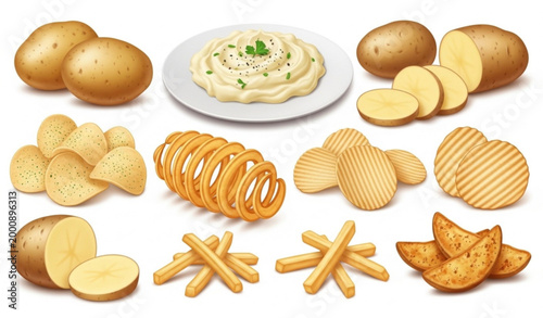 A Collection of Delicious Potato Variants: Whole Potatoes, Sliced, Mashed, French Fries, Chips, and Wedges in a Clean Vector Style