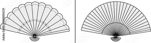 Hand fan set with decorative patterns, elegant folding fan outline illustration, traditional accessory design isolated on white background, minimal vector style