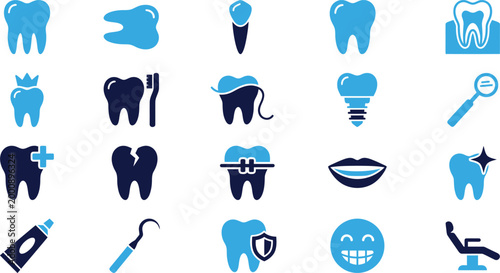 Collection of blue and dark navy dental icons including teeth toothbrushes implants and dental tools.