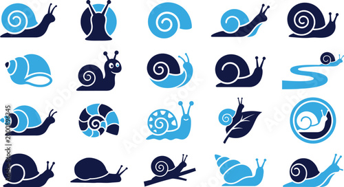 Collection of stylized snail icons and symbols in various poses on white background.