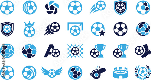 Soccer ball icons and symbols collection for sports and recreation design purposes.