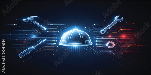 Construction Tools and Hard Hat Split Blueprint vs Realistic Design, Engineering Concept with Technical Drawing and Industrial Equipment, Modern Vector Illustration