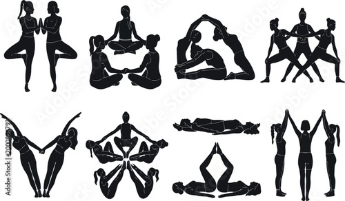 
Group yoga practice showing athletic women performing synchronized poses in a creative vector illustration set featuring multiple people working together for physical health and spiritual wellness as