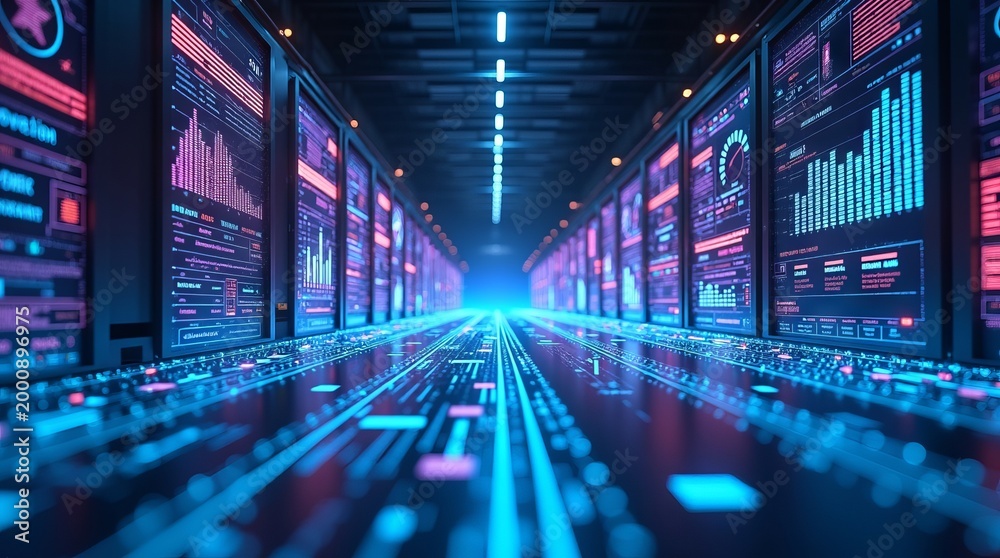 Fototapeta premium Futuristic Server Room with Glowing Data Displays and Blue Light.