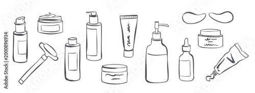 Cosmetic skin care product icon set. Hand drawn beauty bottles, jars, cream, lotion, serum, facial roller, eye patches in doodle sketch. Self care routine, spa treatment. Vector illustration