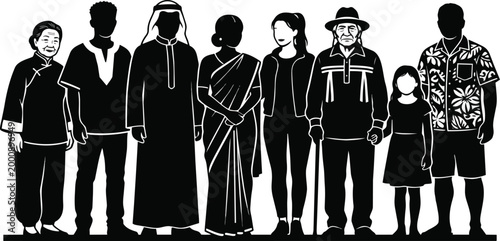 Diverse group of multicultural people standing together as a united community represented by this artistic flat vector illustration depicting international unity and global human connection shown in b