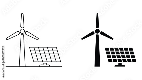 Renewable energy icons wind turbine, solar panels, and leaf, illustrating clean power and sustainability concepts, clean vector illustration