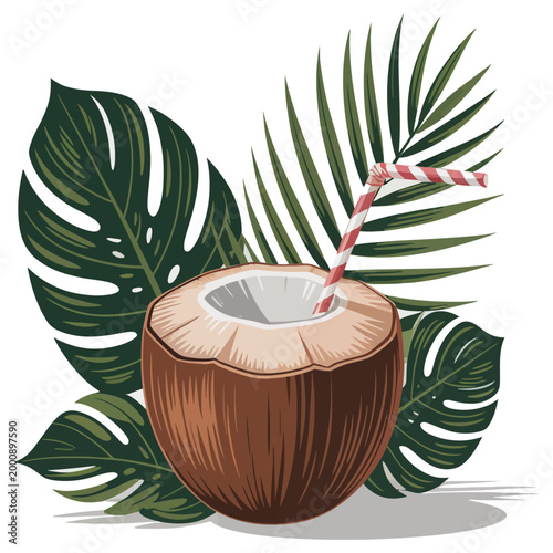 Natural coconut water drink with striped straw surrounded by lush palm and monstera leaves on white background for tropical vacation and exotic refreshment concept illustration art.
