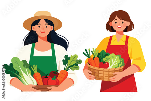Harvest Bounty: Two farmers showcase their fresh and colorful vegetable harvest, celebrating the fruits of their labor.