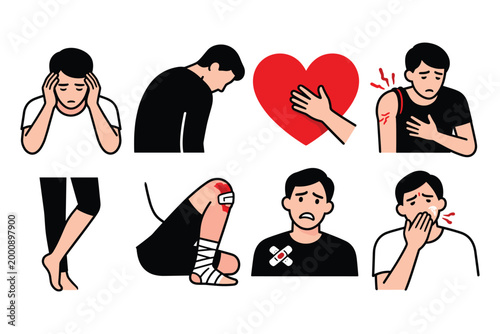 Physical and Emotional Turmoil: Illustrated depictions of various human ailments, encompassing both physical injuries and emotional distress, vividly portraying vulnerability and suffering.