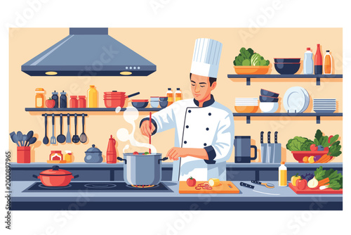 Culinary Artist at Work: A skilled chef meticulously prepares a delectable dish in a professional kitchen. The steam rises as he carefully stirs a simmering pot, a symphony of flavors in the making.