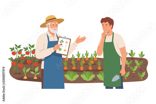Cultivating Insights: A seasoned farmer shares wisdom with a younger companion amidst a vibrant vegetable garden, examining a plan and nurturing the growth of fresh produce.