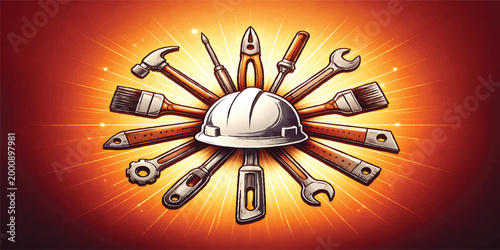 Labor Day Construction Tools Burst with Hard Hat, Industrial Worker Celebration Background, Radiant Sunburst Design, Professional Trade Concept Illustration