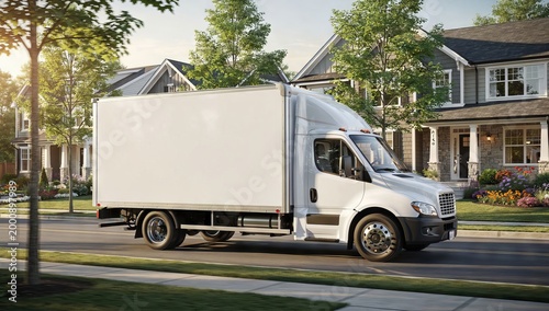 White delivery truck driving on a suburban street with houses and trees.