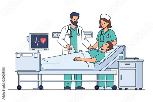 Medical Team’s Patient Care: A caring team of healthcare professionals provides dedicated care to a patient, symbolizing compassion and medical expertise in a sterile environment.