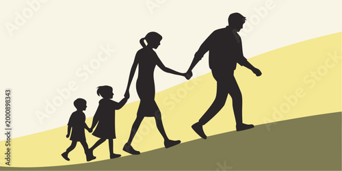 Quadro su tela Family of four walking together on a hillside silhouette with silhouette childre