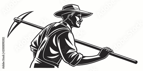 Tableau sur toile Detailed side profile silhouette of a farmer carrying a pickaxe outdoors with ag