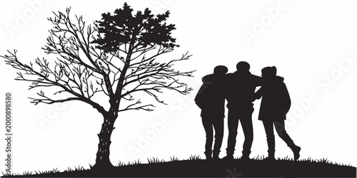 Silhouette graphic of three friends standing near a tree on a grassy hill with silhouette standing outdoors friendship togetherness landscape community together lifestyle relaxing minimalist