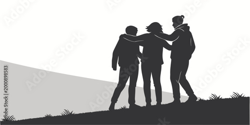 Silhouette illustration of three friends hugging together outdoors with silhouette friendship togetherness standing outdoors connection together relationship companionship lifestyle friendly
