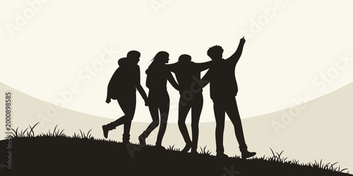 Silhouette of a group of four friends walking on a grassy hill with silhouette adventure together friendship lifestyle togetherness summertime landscape exploration vacation pointing