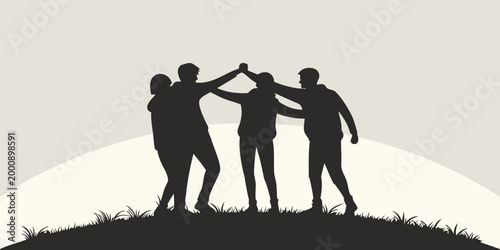 Silhouette graphic of four friends joining hands in unity and team spirit with silhouette teamwork togetherness cooperation collaboration friendship business achievement partnership together