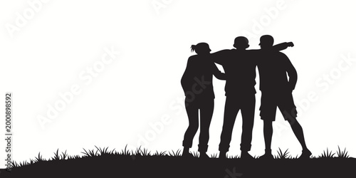 Silhouette illustration of three friends embracing standing on a grassy hill landscape with silhouette friendship standing togetherness landscape teamwork community connection happiness