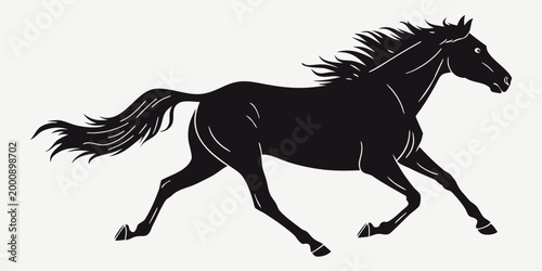 Black and white vector silhouette of a galloping horse with silhouette equestrian movement powerful strength graceful stallion purebred livestock creature isolated illustration countryside