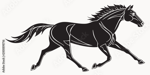 Minimalist graphic drawing of a running black horse with galloping silhouette movement strength equestrian isolated background minimalist illustration graceful majestic elements stylized