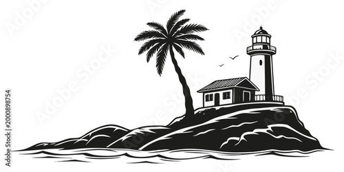 Vector graphic illustration of a lighthouse and a small house on a rocky island with a palm tree island scenery coastal landscape black and white beacon tower sea shore summer holiday landscape