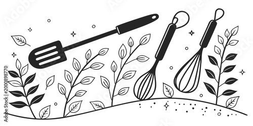 Hand drawn cooking utensils and floral elements decorative illustration with utensils illustration monochrome culinary preparation kitchenware accessory decoration botanical whimsical