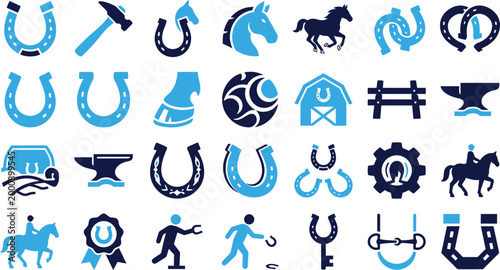 Collection of horseshoe and horse-related icons and symbols for equestrian themes.