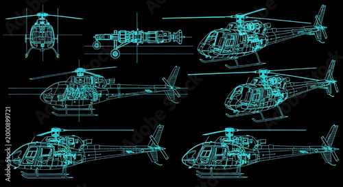 AutoCAD Helicopter Blueprint Vector – Aviation Technical Diagram Multi View Cyan Outline on Black Background