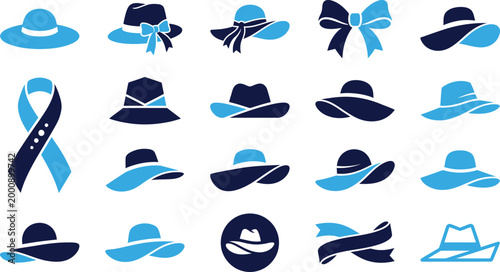 Fashionable hats and accessories with blue and dark blue colors for women and events celebration style.