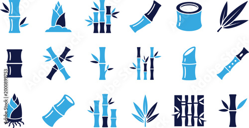Bamboo icons in blue and dark blue depicting growth segments leaves and natural plant elements for decor.