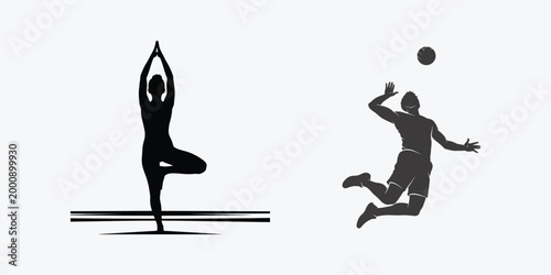 Black silhouettes of woman doing yoga and man playing volleyball Vector, EPS
