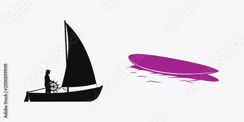 Black sailboat with man and purple surfboard Vector, EPS