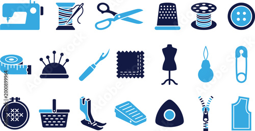 Sewing and tailoring icons with sewing machine needle thread scissors and fabric piece.