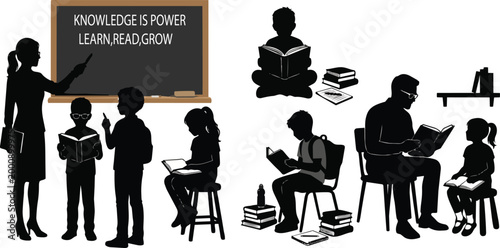 A detailed vector illustration depicting various silhouettes of individuals including a teacher, students, and a father and daughter actively learning and reading, symbolizing knowledge, education, an