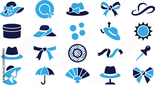Fashion accessory icons include hats bows ribbons and sun for elegant style accessory.