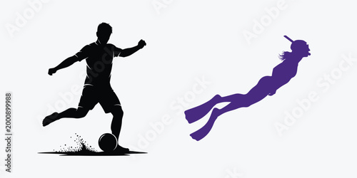 Silhouette of soccer player kicking ball and scuba diver Vector, EPS