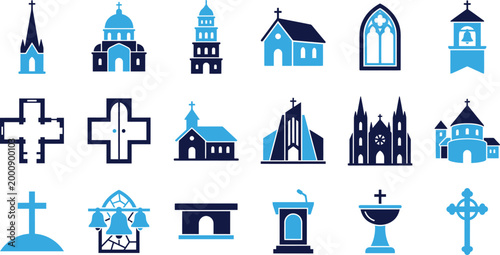 Assortment of religious building and symbol icons for churches and faith communities.
