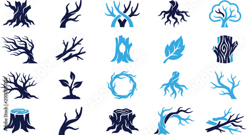 Assortment of tree and wood icons representing nature, growth, strength, and decay.