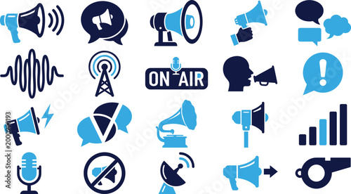 Diverse icons featuring megaphones speakers microphones radio towers and speech bubbles in blue and dark blue.