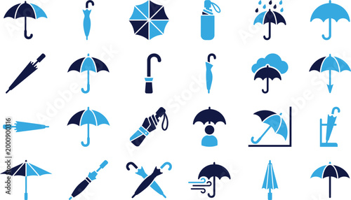 Umbrella icons showcasing various designs folding open and closed for protection against rain and wind.