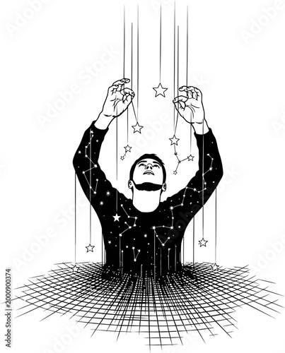 Future aspirations and destiny concept of a man reaching for stars vector