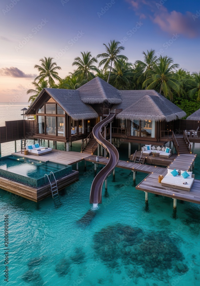 Fototapeta premium Luxurious overwater villa features a private swimming pool and a slide descending directly into the turquoise ocean at sunset.