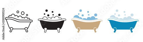 Luxury bathtub home spa vector set, clawfoot tub bubbles hygiene icons, bathroom relaxation wellness symbols collection illustration