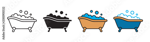 Luxury bathtub home spa vector set, clawfoot tub bubbles hygiene icons, bathroom relaxation wellness symbols collection illustration
