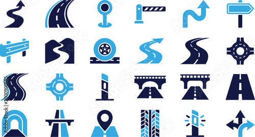 Road and transportation icons set highway traffic sign tunnel bridge icons flat design.